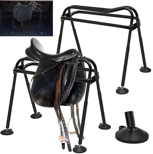 Pelopy 2 Pack Anti-Tipping Saddle Rack for Car with Circular Support 25.6 x 25.6 x 22.44 Portable Folding Freestanding Saddle Stand Horse Blanket Storage Rack for English and Western Horse, Black