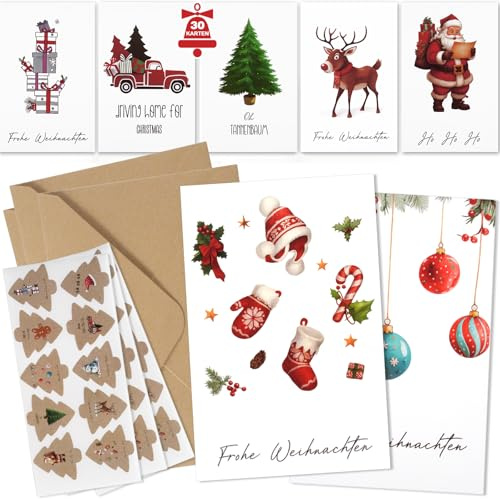JIAWWAN Blatt Weihnachtsgrußkarten, 30 Weihnachtskarten mit Umschlag Set, A6 Karten Weihnachten Klappkarten, Weihnachtspostkarten, Christmas Cards, Weihnachtskarten Postkarten für Familie (Weiß)