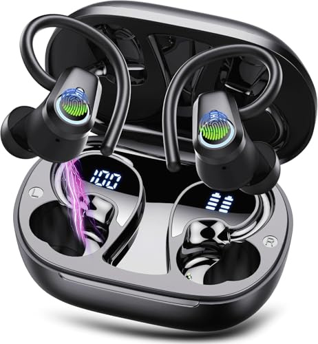 wowtravel Wireless Earbuds Bluetooth 5.3 Sport Headphones with Earhooks 50H Playtime Dual LED Display HiFi Stereo Bass IPX4 Waterproof In Ear Earphones USB C Fast Charge