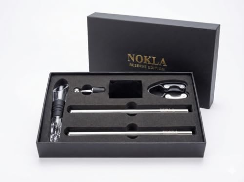 NOKLA Enfriador de Vino Premium – Set Regalo con Barras Enfriadoras de Acero Inoxidable, Vertedor Antigoteo y Cortacápsulas
