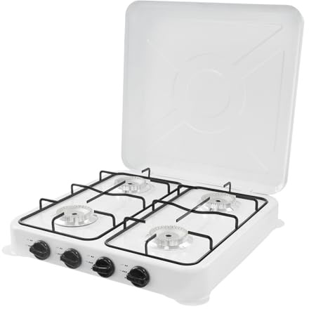 Plaque de cuisson à gaz 4 feux avec 2,5 kW/h par brûleur - Réchaud à gaz de camping - 51 x 51 x 10,5 cm - Cuisinière à gaz portable en fer avec armature - Tuyau de gaz UE - Régulateur de pression UE