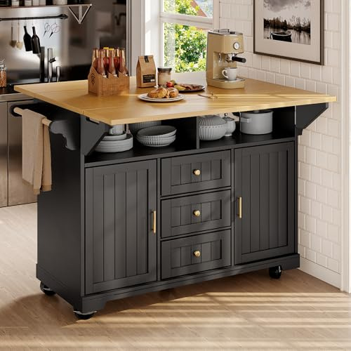 Merax Kitchen Island on wheels, Kitchen Storage Cabinet with Wood extendable table 120x40-80 cm (both sides)&3 Drawers & 2 Doors& Towel Rack, Black