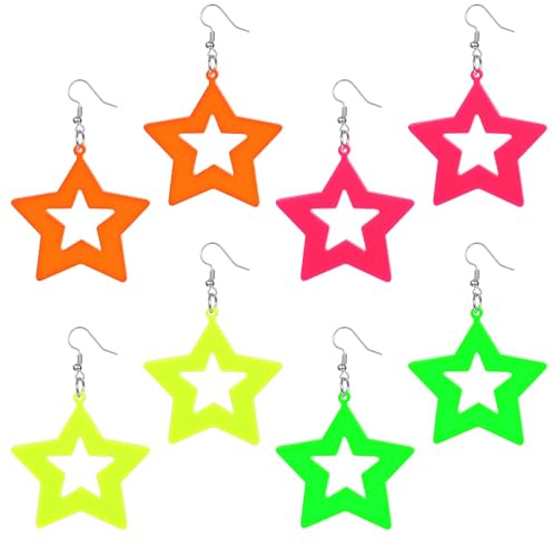 XLIUAX 4 Paar Acryl Stern Ohrringe, Retro 80er 90er Jahre Neon Ohrringe Bunt Creolen für Mottoparty Kostüm Party Maskerade 90er Jahre Outfit Kostümzubehör