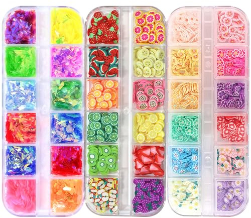 AuraFusion Nail Charms Set 3 Boîtes Accessoires Nail Art pour Débutants Salon Manucure Artistes pour Nailart DIY Ongles Design avec Paillettes Strass Fruits Fleurs Décoration