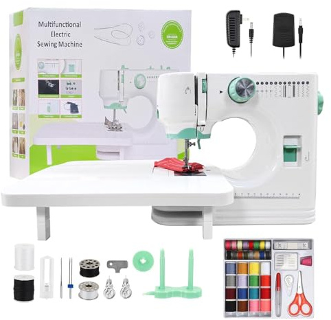 Multifunktionale elektrische Nähmaschine für Anfänger, 12 Stichmuster, Ein-Klick-Einfädelung, Gleichstrombetrieb, mit Verlängerungstisch und Zubehörset