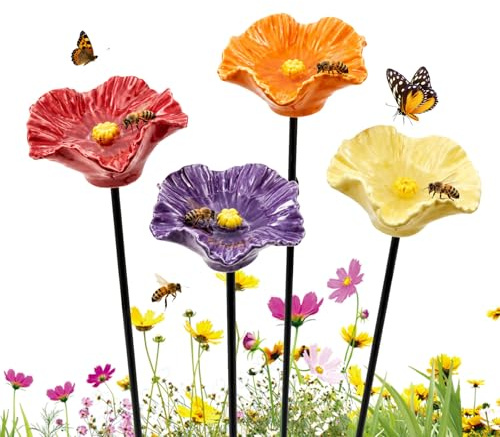 4 Stück GartenOrt Handgemachte Bienenblüten Keramik, Wetterfeste Insektentränke und Bienentränke, Keramikblumen für Bienen, Vögel und Insekten, Deko für Garten und Balkon (4 Stück)