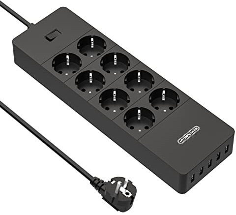 NTONPOWER 8 Fach Steckdosenleiste Überspannungsschutz 1700 Joule, 4000W Mehrfachsteckdose Wandmontage, Steckdosenleiste 16A mit 5 USB,1,5m, Schwarz