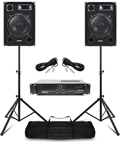 MAX12 12 DJ PA Speaker System with 1400W Amp, Pair of Passive 3-Way Speakers, Adjustable Stands & 6m Jack Cables