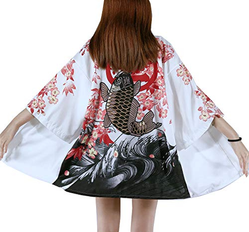 Siehin Kimono Cardigan Japonais Happi Kimono Printemps Blouson Yukata Coat Ukiyoe Baggy Tops Taille Unique - Blanc - Taille Unique