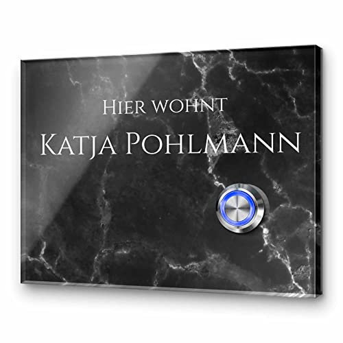 Premium Designer Türklingel mit Namen - Wunschtext | LED-Klingelknopf 13x10 cm | beschriftete Klingel aus Hochglanz Acrylglas und Edelstahl Klingelschild Taster beleuchtet - Modell Bauer