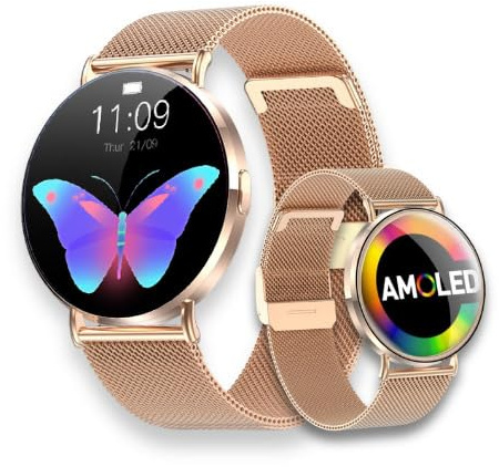 LUNIQUESHOP Nouvelle Round 3 Fine +180 Cadrans | HD Amoled Montre Connectée Femme Appel téléphone| +120 Sports Assistance Vocale| Smartwatch Petite Taille Ronde|Montre Intelligente Android iOS Or