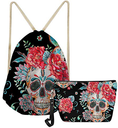 SEANATIVE Sugar Rose Skull Damen Rucksack mit Kordelzug und PU-Leder Makerup-Tasche Set