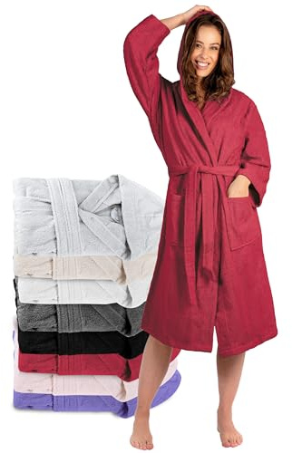 Twinzen Bademantel Damen - 100% Baumwolle OEKO-TEX® Zertifiziert - XS, S, M, L, XL - Morgenmantel Damen mit Kapuze, 2 Taschen, Gürtel