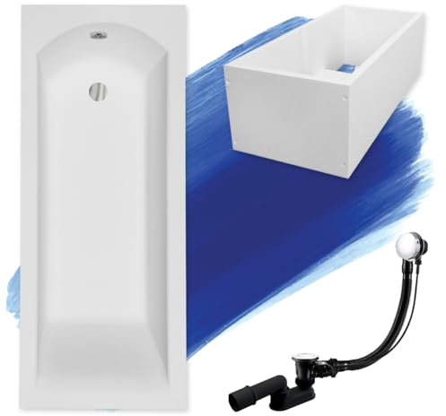 BADLAND Badewanne Original Weiß Acryl Wanne Rechteck SHEA 140x70 KOMPLETTSET SET mit Premium Wannenträger + Füßen und Exklusive Chrom Automatik Ablaufgarnitur Made in EU 4in1