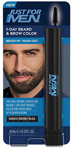 Just For Men 1-Day Beard and Brow Colour Brush, For Instant 1-Step Grey Coverage, Brush-In, Wash-Out, For A Thicker Well-Defined Look, Dark Brown