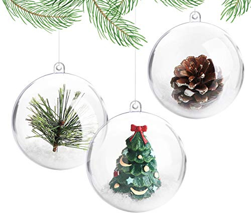 ilauke 20 Stück Christbaumkugeln, 10cm Weihnachtskugeln zum Befüllen Kugeln Weihnachten Plastik Durchsichtig mit Federn- Kristallfaden- Schneeflocken für Hochzeit, Bemahlung, Weihnachtsbaumschmuck