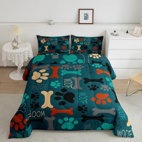 Erosebridal Pup Dog Paw Print Quilted Duvet for Girls Boys,Colorful Bones Comforter Set Kids Child Lover Multicolor Puppy Claw Marks Bedding Set,Lovely Pet Animal Themed Bedroom Decor King Size