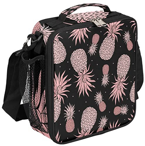 Lonchera de piña rosa, lonchera negra de frutas de verano, bolsa de almuerzo aislada, bolsa térmica con correa de hombro ajustable extraíble para mujeres y hombres, oficina, picnic