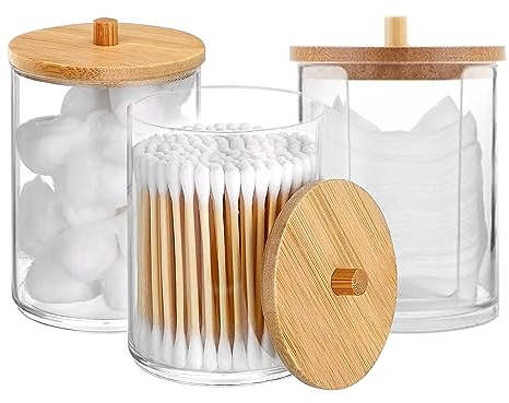 DRERIO 3 Pack Wattebausch Halter Wattestäbchenhalter 295 ml Badezimmer Organizer Transparent Acryl Kosmetik Aufbewahrung Ohrstäbchenhalter Badezimmer Gläser mit Bambusdeckel für Wattebauschspender