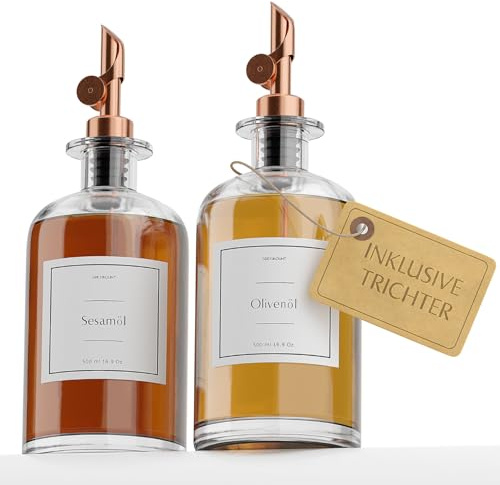 Greymount ® Ölspender Set - 2er Pack 500ml Ölflasche aus Glas mit Ausgießer Rose Gold für Olivenöl, Essig und mehr | Auslaufsicher und Tropffrei | Inklusive 27 Etiketten und Trichter