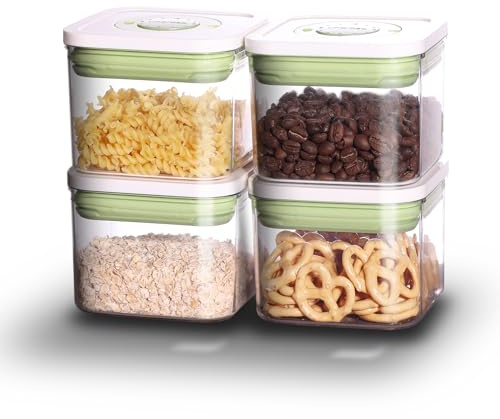 linoroso Vorratsdosen mit Deckel 4 Set Luftdicht Aufbewahrungsbox Küche BPA-freie Küchen Organizer Vorratsbehälter Deckel mit Datumsskala, Für Müsli Mehl Spaghetti Gewürze Süßigkeiten - 10x10x8CM