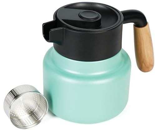 Belle Vous Green Stainless Steel Thermos Flask - Coffee Pot - Plastic Handle and Tea Strainer - 800 ml Thermos Flask with Double-Walled Insulation - Insulated Jug for Hot or Cold Drinks