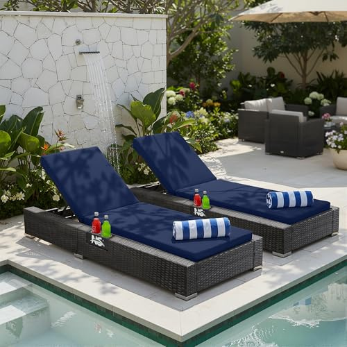 NICESOUL Outdoor Wicker Chaise Lounge Chairs Set of 2, Adjustable 5-Position Patio Recliner with Cushions, Oversized Heavy-Duty 500Lbs Double Sun Lounger for Poolside, Deck, Beach, Navy Blue