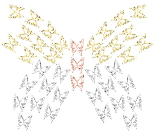 Amaxiu 80 Pièces Breloques pour Ongles Papillon 3D, Breloques en Forme de Papillons en Alliage Doré Argent Strass pour Ongles Décorations Art des Ongles Fournitures Bijoux pour Ongles Accessoires