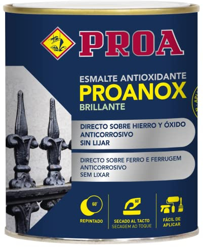 Esmalte antioxidante directo sobre óxido BRILLANTE. Negro RAL 9005. 250 ML. Pintar sobre hierro y óxido sin necesidad de imprimación. PROANOX.
