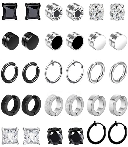 15 Pares Falsos Pendientes Magnéticos de Acero Inoxidable para Hombre y Mujer - Imán Sin Agujero, CZ, Clip, Aro - Set Plata y Negro