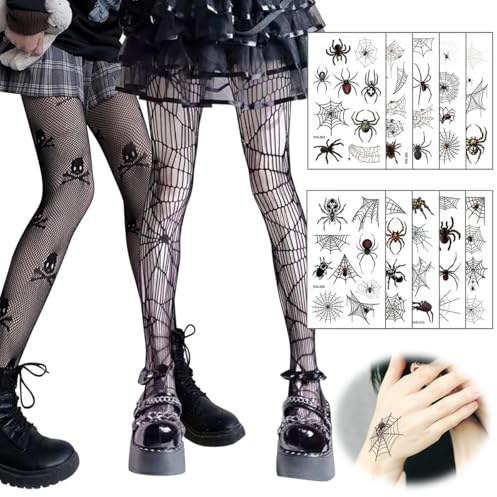 XLZJYIJ Netzstrumpfhose Schwarz Halloween, 2 Paar Netzstrumpfhose Totenkopf Spinnen mit 10 Blätter Spinne Gesichtstattoos, Schwarze Spinnennetz Strumpfhose für Halloween