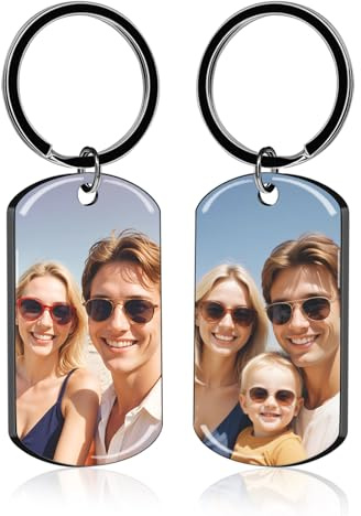 BEXOA Personalised Keyring, Custom Photo Engraved Text Key Ring Customised Keychain Anniversary Memorial Gifts for Him Men Boyfriend Dad Family (UV drip glue - Double-sided photos)