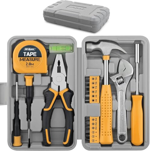 Hi-Spec Set Attrezzi, Cassetta Attrezzi Completa Compatta per Casa e Ufficio, Kit Fai da Te per Riparazioni Domestiche di Base, 20 Pezzi in Valigetta Portatile, Giallo