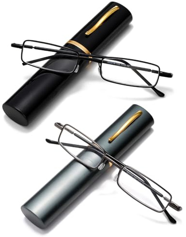 Viseng 2Pack Pack Mini Metall Lesebrille Schmale Ultraleichte Anti Blaulicht Lesebrille mit MetallEtui Stiftetui für Damen Herren 1.5
