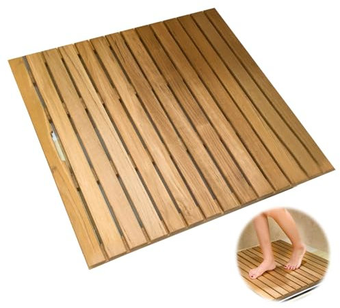 Teakholz, Holzrost Für Dusche Mit Griff, rutschfeste Duschmatte for Senioren, Duschmatte rutschfest for Badezimmer, Sauna, Badewanne, Spa(31.5 * 19.7in)