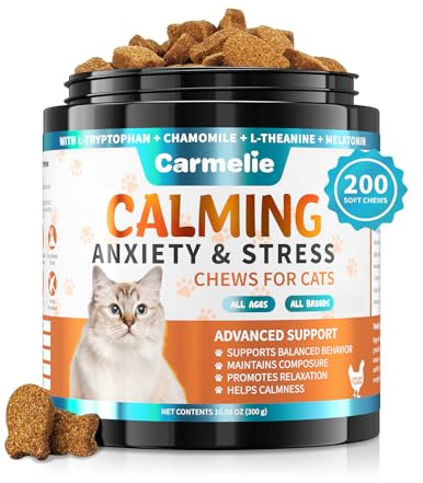 Carmelie Calming Treats for Cat- 200 Count Calming Cat Treats - Natural Cat Calming Support for Anxiety, Stress Relief - Chamomile, Valerian Root, L-Tryptophan - Chicken Flavor