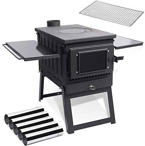 Poêle à Bois, poêle à Bois Portable pour Tente de Camping avec Grand Foyer, Comprend Un Verre résistant à la Chaleur, Une Grille en Acier Inoxydable et des tuyaux de cheminée pour la Cuisine