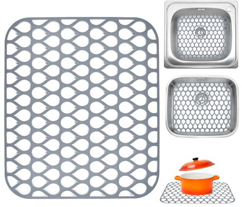 KYYGKY Silicone Kitchen Sink Mat Sink Protectors Anti-Slip Sinks Drainer Mats Folding Dish Drying Mats Counter Protector Non Slip Drainer Grid Mat Pads for Stainless Steel Sinks, Grey, 34.5 x 29.5cm