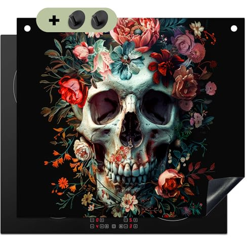 KitchenYeah© Herdabdeckplatte Einteilig Abdeckplatten Cerankochfeld | 60x52 cm - Abdeckung Ceranfeld Herdplattenabdeckung Induktionsmatte, Spritzschutz Totenkopf - Blumen - Rosa