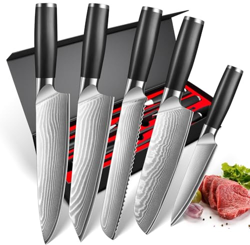 BILLION DUO Profi Messerset 5STK, Kochmesser Set Carbon Edelstahl, Scharfe Messerklinge Küchenmesser Set, Gemüsemesser Schwarz Ergonomischer Griff Als Geschenk