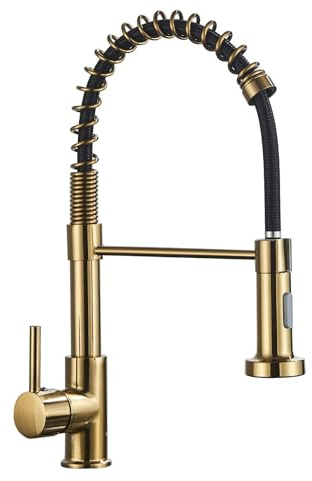 Kitchen Tap Spring Kitchen Sink Mixer Taps Commercial Faucet Single Handle Lever High Arc Swivel 360 with 2 Spray Mode Brushed Gold