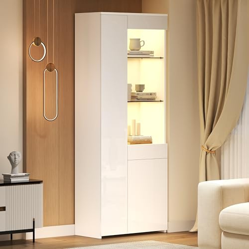 Gxffipw Vitrine Highboard Weiss mit Schublade und LED-Beleuchtung, Vitrinenschrank Glasvitrine mit Türen und Trennwandlagerung, Modern Sammlervitrine Schmaler Schrank, Wohnzimmerschrank, 75x35x180 cm