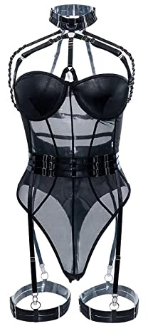 Genérico Conjunto Lenceria Mujer Sexy Erótico Vestido Cuero Conjunto De Corsé De Lencería Body Encaje Bustier con Cinturones Arnés Tiras Todo Ajustable Lenceria Sexy Mujer Hot Black M