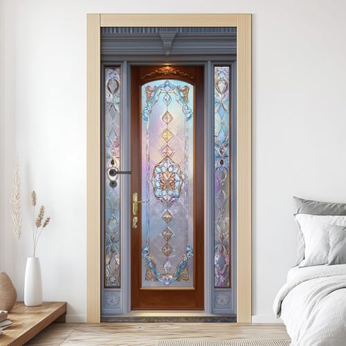 Buntglas 3D Türaufkleber, Blumenmuster Türtapete Selbstklebend Abnehmbare Fototapete, Jugendstil PVC Wasserfest Wandtattoo Türfolie für Heimdekoration, 95x210 cm W6s171