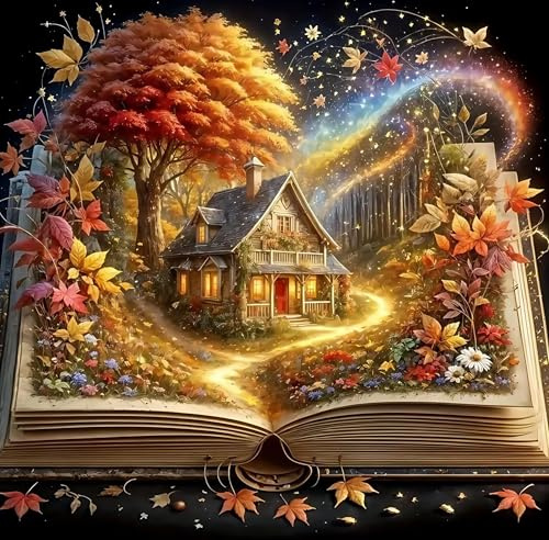 Diamond Painting 5D Otoño Casa de Campo en Libro, Pintura de Diamante Adultos DIY Kit Completo, Pintura con diamantes para principiantes, Pintura artística para decoración de paredes del hogar 30x30cm