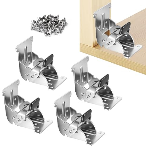 Folding Brackets 4 Pack, Heavy-Duty Self-Locking Hinges with Screws, Foldable Lock Extension Support Brackets for Table Legs, Bed Legs, Workbenches – Silver