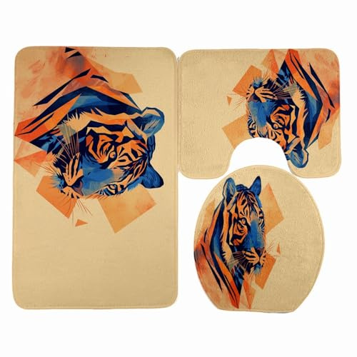 Tappeto Bagno Animali Geometrici Arancione Tappeti Bagno Set 3 Pezzi Antiscivolo Contorno WC Tappetino Assorbente Doccia Lavabile Copertura per Il Coperchio del WC 45x75 cm