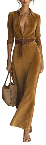 Generico Elegante Abito Lungo in Finta Pelle Scamosciata da Donna - Abito Lungo Slim Fit con Cintura Casual Elegante 2025