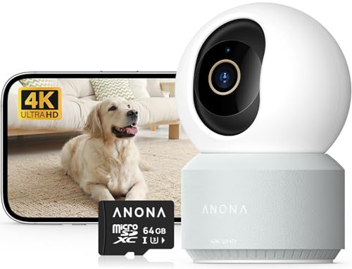 Anona Pano 4K Innenkamera mit 64 GB SD-Karte. Baby-/Haustierüberwachung per App, 360° Schwenk/Neige, Wi-Fi 6, automatische Verfolgung, Geräusch-/Weinerkennung, Datenschutzmodus, Zwei-Wege-Audio.