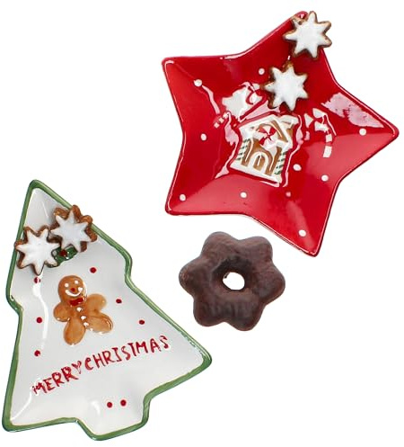 MamboCat Lot de 2 assiettes à biscuits de Noël I Petites assiettes en faïence I 1 sapin et 1 étoile rouge I Assiettes à biscuits et à collation I Saint-Nicolas, Avent